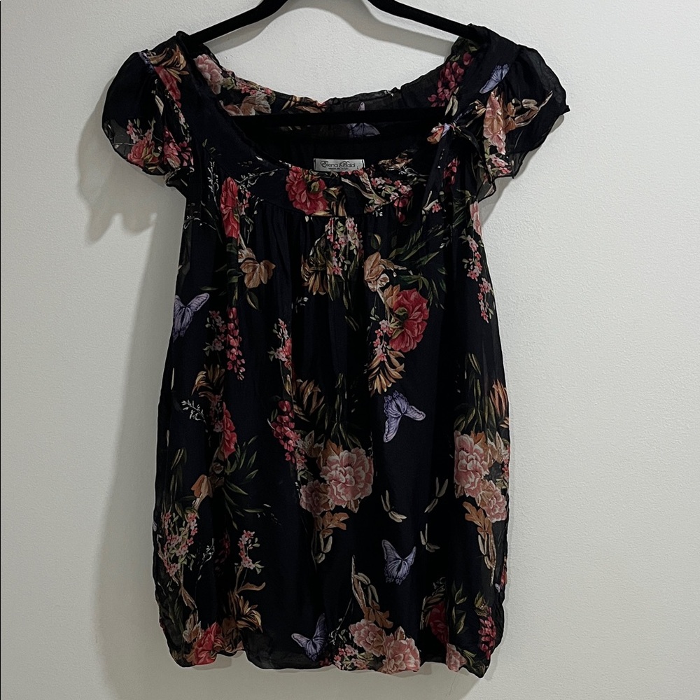 Elena Baldi Women’s Blouse Large Silk Blend Made In Italy Bubble Hem Bow Floral
